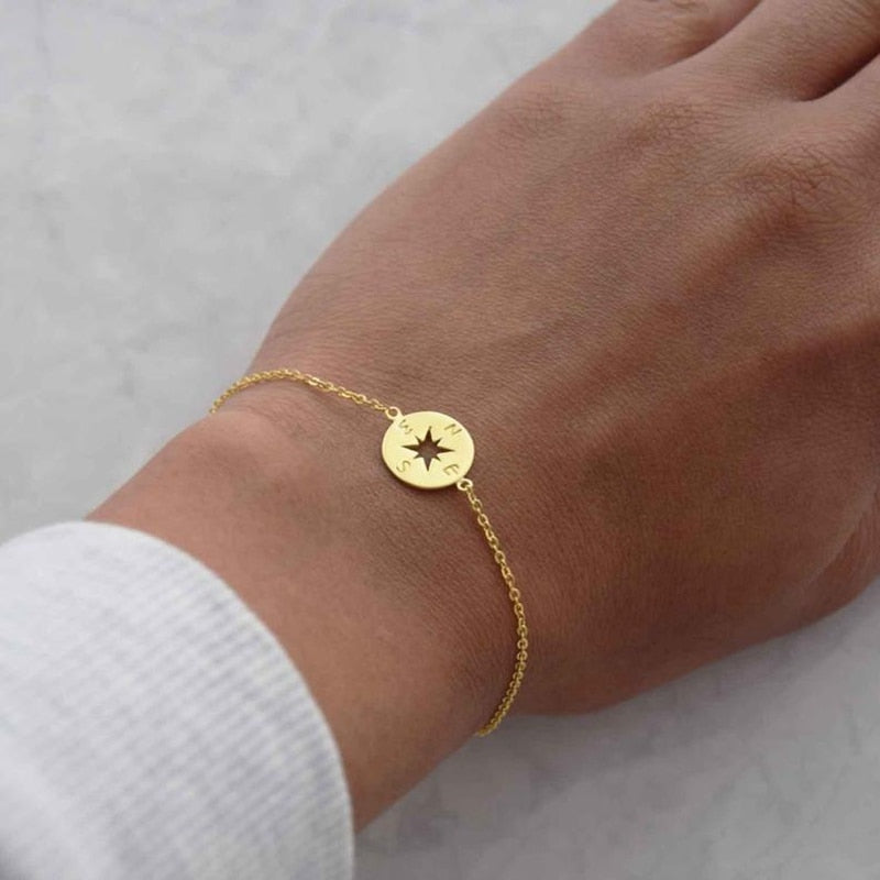 Gold Compass Bracelet Stainless Steel Dainty Disc